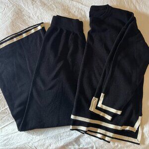 Black Knit Lounge Set – Contrast Trim Sweater & Wide Leg Pants – S